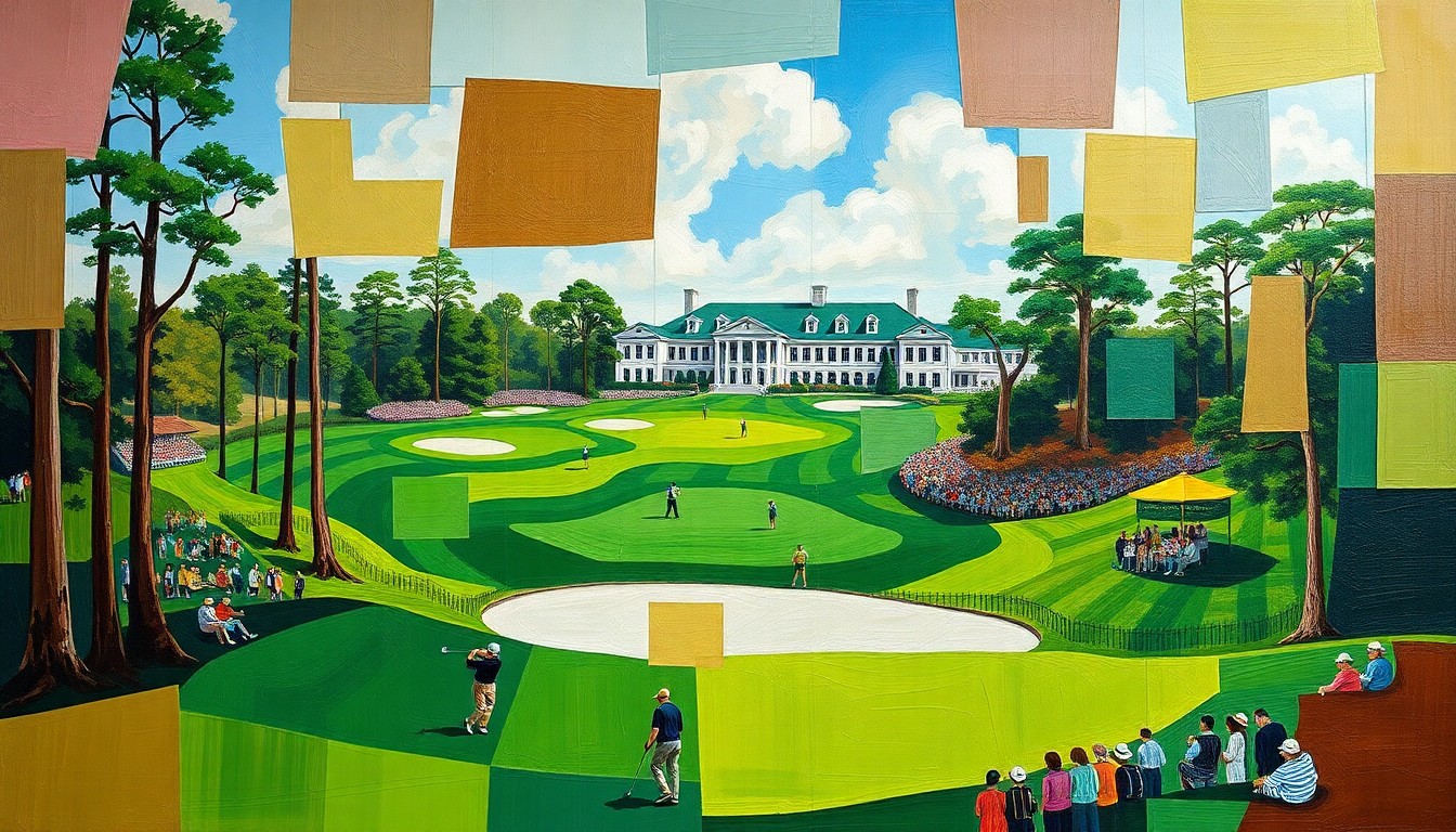 A cubist, geometric painting depicting a fragmented scene of a golf course, with players, spectators, and the iconic Augusta National clubhouse rendered in sharp, overlapping planes of color.