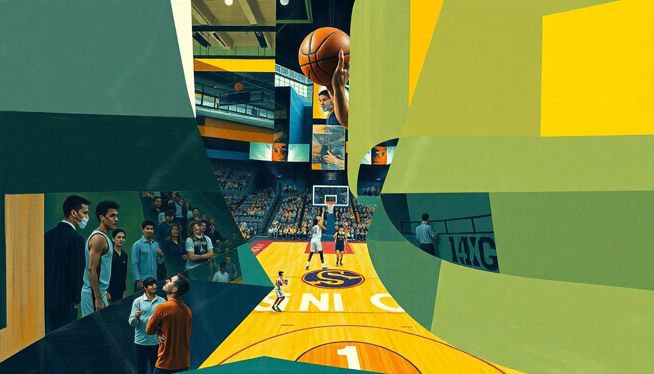 A cubist-style painting featuring overlapping geometric shapes and planes in shades of orange, blue, and green, capturing the dynamic movement and energy of a college basketball game.