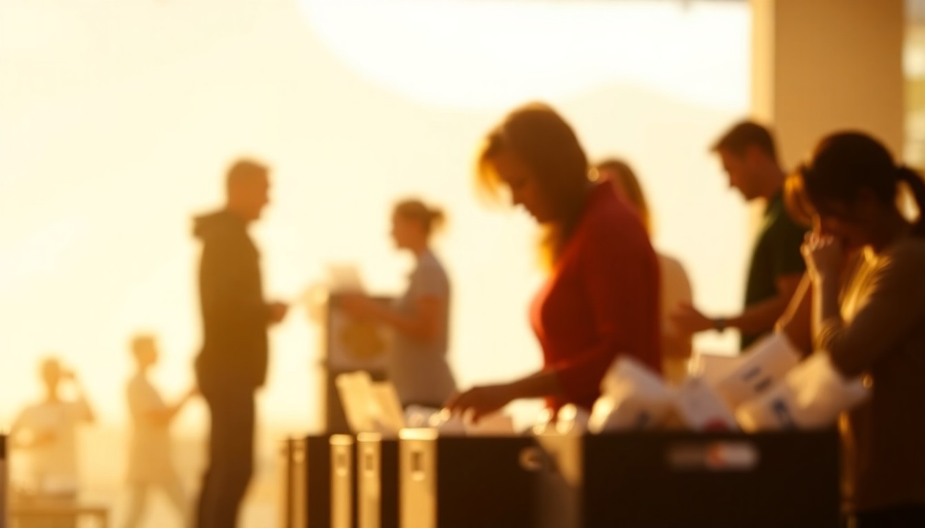 An abstract, out-of-focus photograph in soft, warm tones depicting the blurred silhouettes of volunteers and families at a community food drive event, conveying the compassionate spirit of neighbors helping neighbors.
