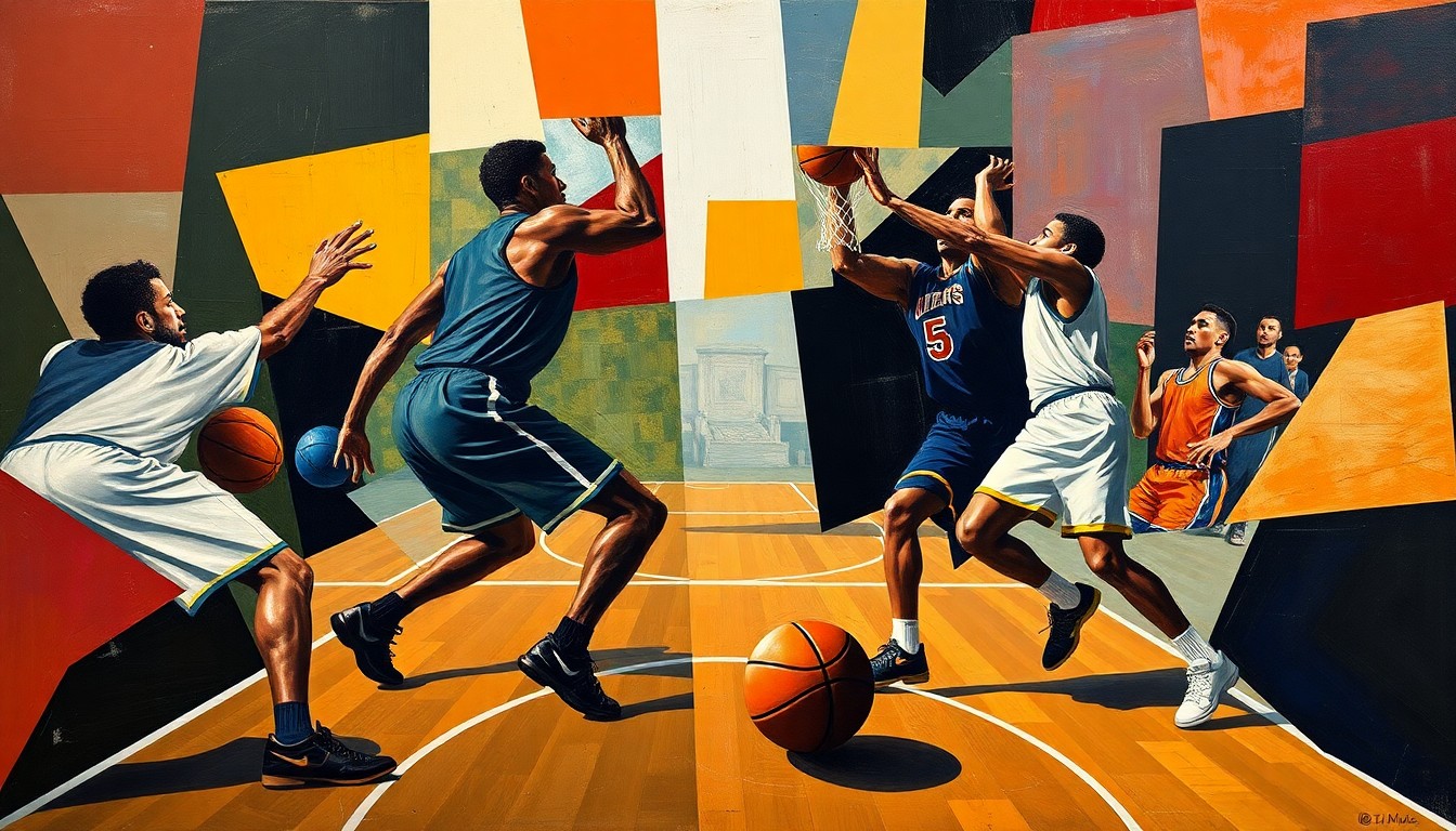 A cubist-style painting depicting a fragmented, geometric basketball game, with players' forms broken down into abstract shapes and planes of color, creating a dynamic and visually striking composition.