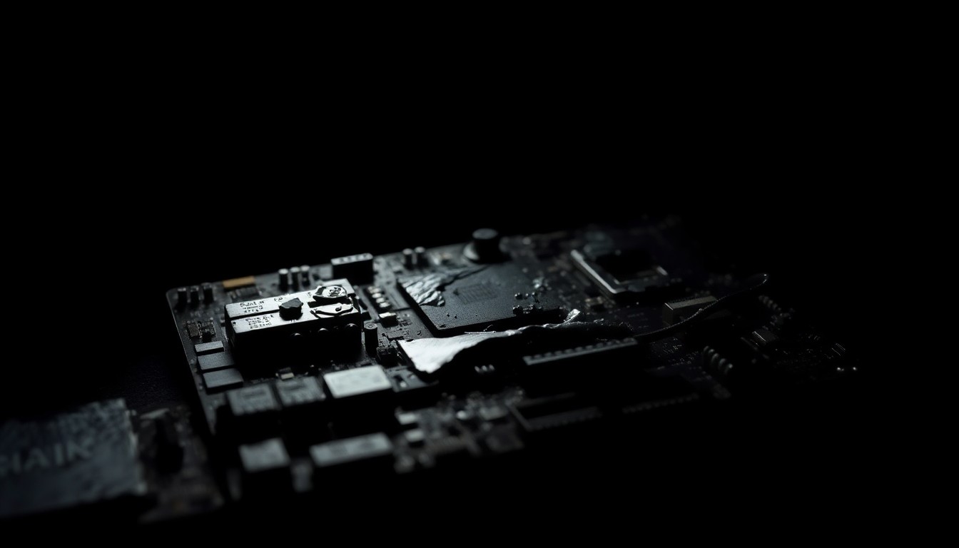 An extreme close-up photograph of a damaged computer circuit board, with harsh shadows and bright highlights, conveying the gritty aftermath of a cyber attack on government infrastructure.