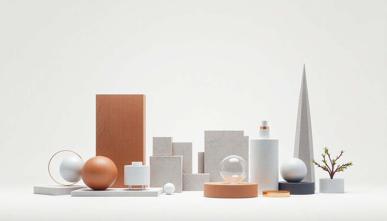 A high-end, photorealistic studio still-life photograph featuring a collection of elegant, premium objects arranged on a clean, monochromatic background, representing the abstract concepts of commercial real estate development, urban planning, and community revitalization.