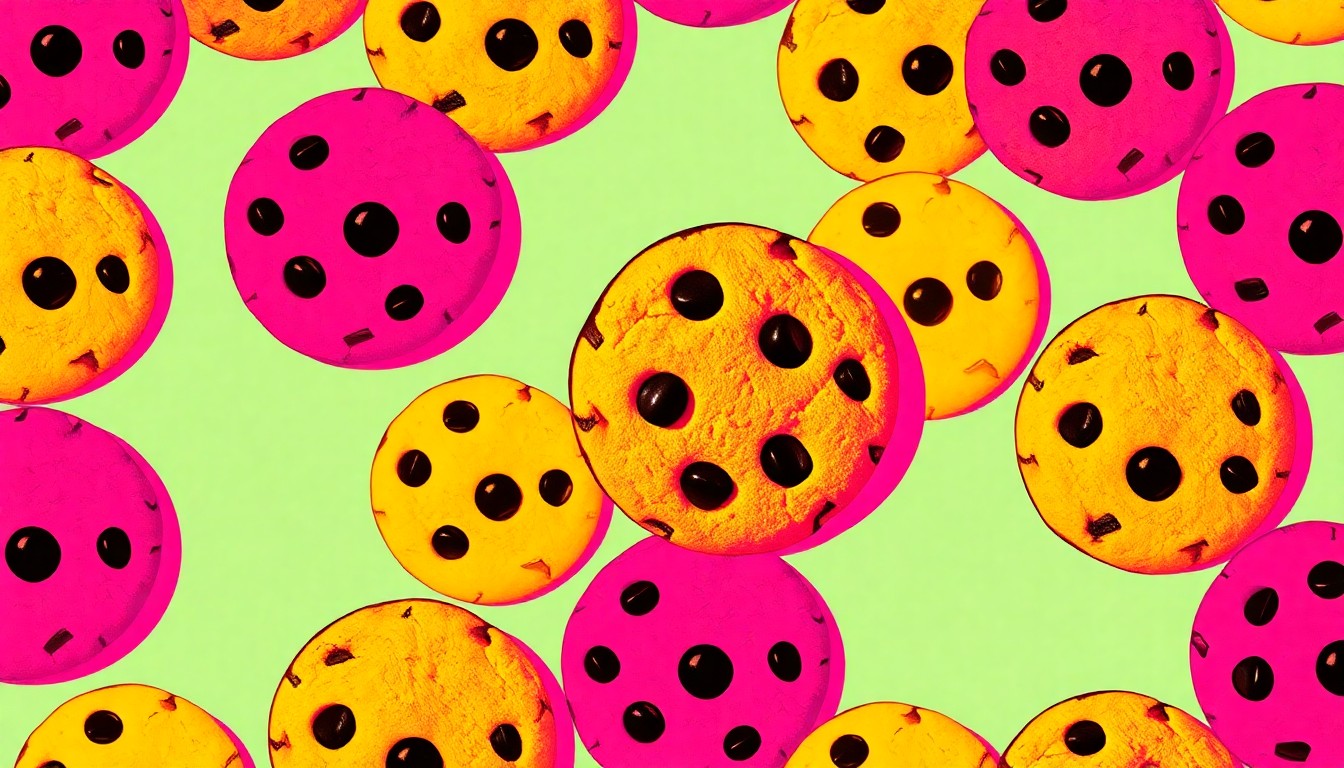 A highly stylized, silkscreen-inspired illustration featuring a repeating grid of Crumbl Cookies' signature chocolate chip cookie in vibrant neon colors, conceptually representing the brand's fresh, premium baked goods and creative marketing approach.