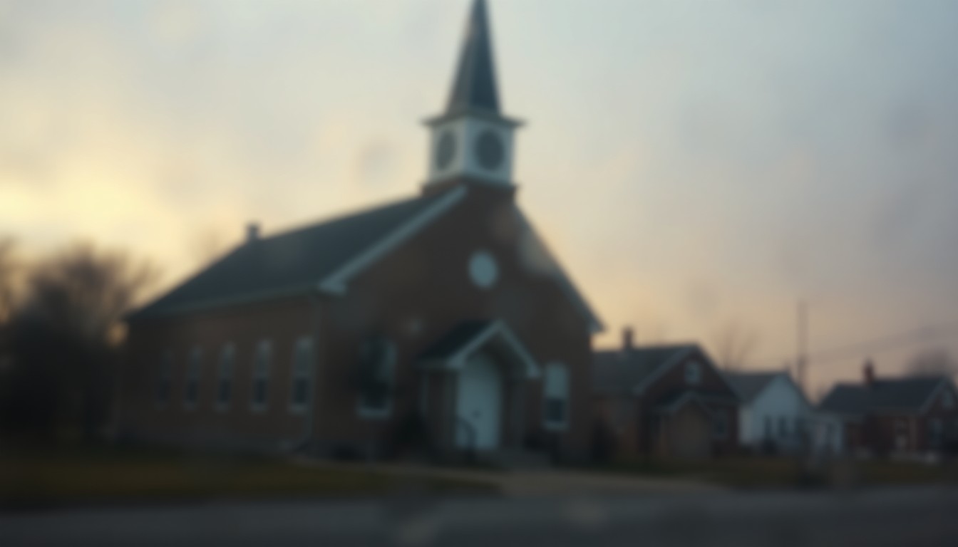 An impressionistic, blurred scene of a small town church in muted tones of yellow, green, and blue, conveying a sense of quiet reflection and community.