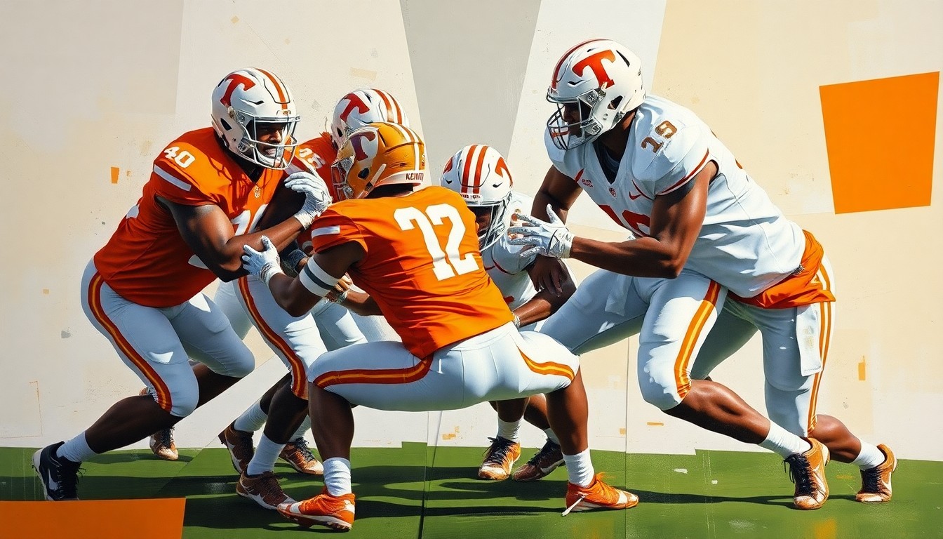 A cubist-style painting featuring overlapping geometric planes in the colors of orange and white, abstractly depicting the action of a Tennessee football defensive play.