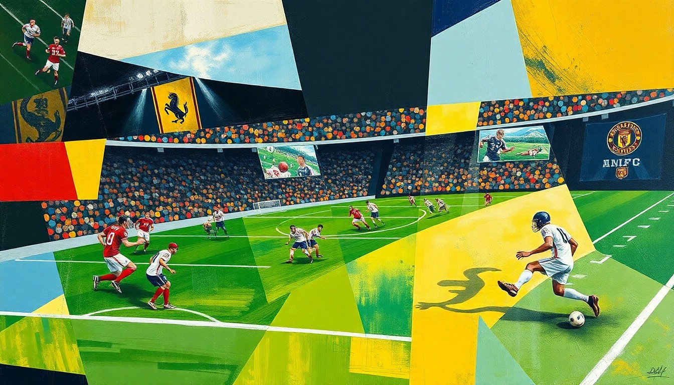 A fractured, multi-perspective painting featuring overlapping geometric shapes and planes of color, capturing the dynamic energy and motion of a football game in an abstract, cubist style.