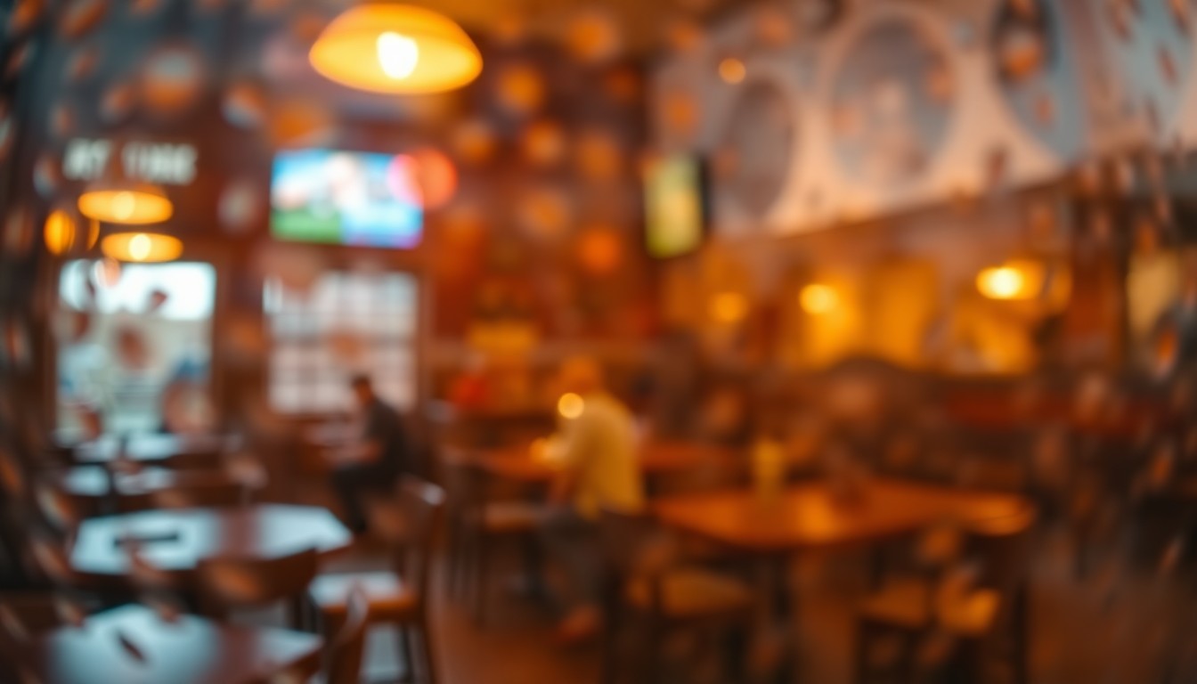 An abstract, impressionistic scene of soft, blurred light and color, evoking the warm, intimate atmosphere of a small-town bar or restaurant where a community celebration of life might take place.