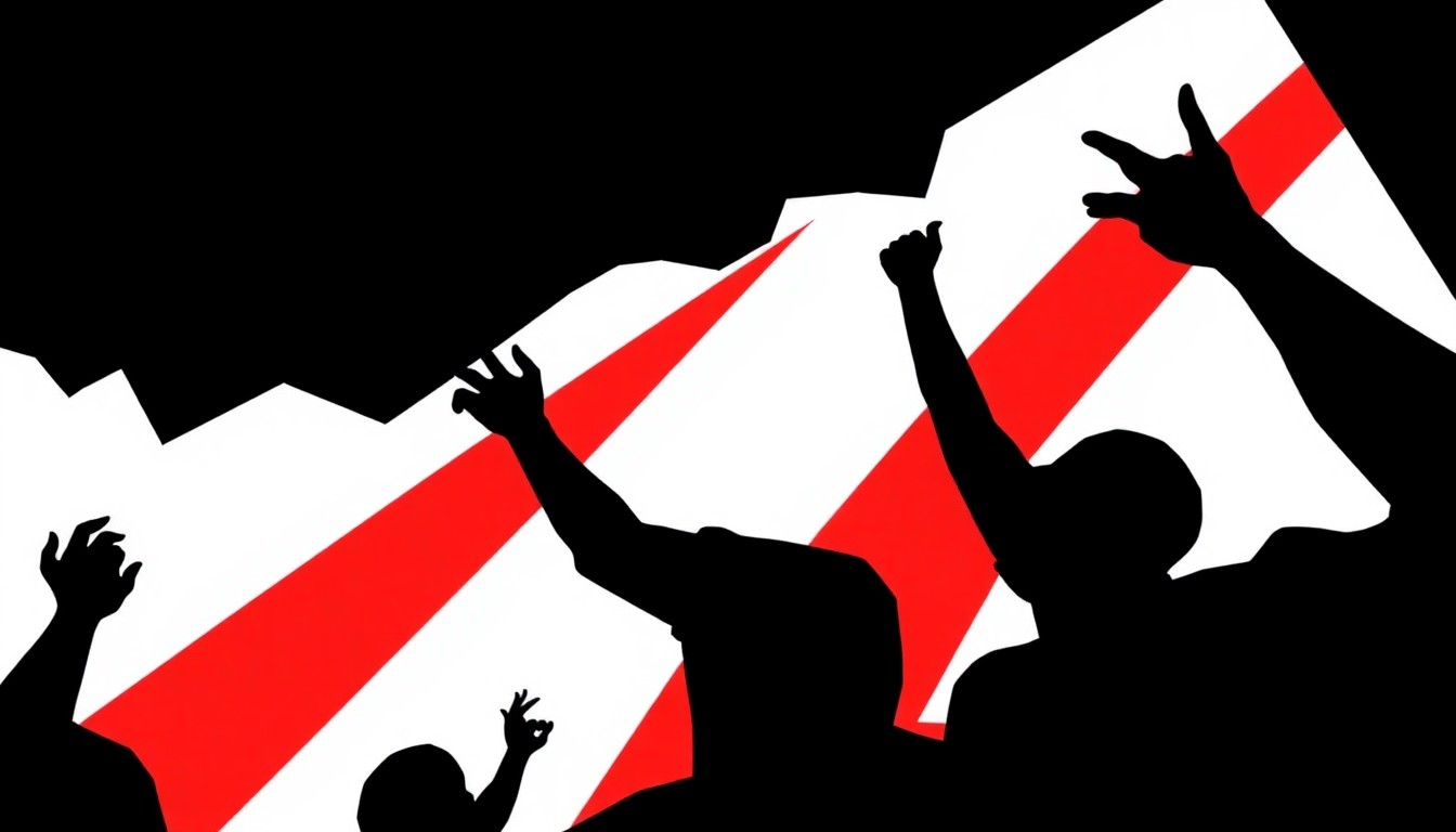 An abstract, minimalist illustration featuring sharp, angular shapes in bold red and black, capturing the high-energy spirit of a musical theater performance.