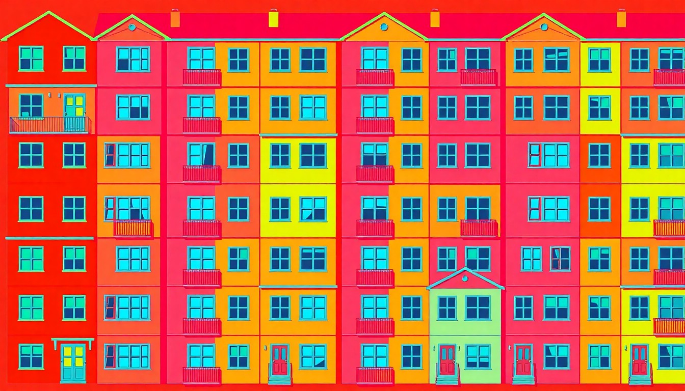 A bold, colorful silkscreen-style illustration featuring a repeating pattern of a simple, iconic apartment building icon in vibrant neon shades, conceptually representing the affordable housing initiative for school district employees.