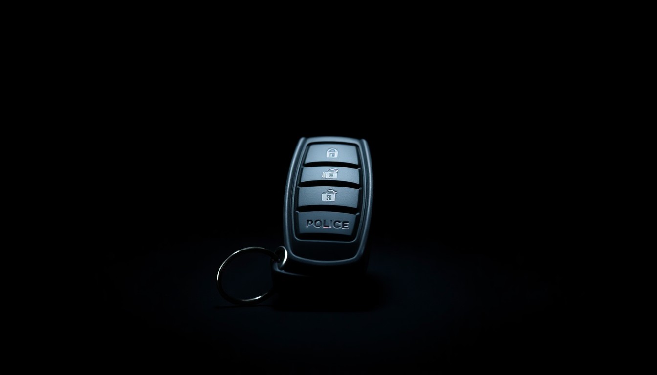 An extreme close-up photograph of a police vehicle key fob against a pitch-black background, lit by a harsh, direct camera flash, conceptually representing the critical equipment needed for law enforcement.