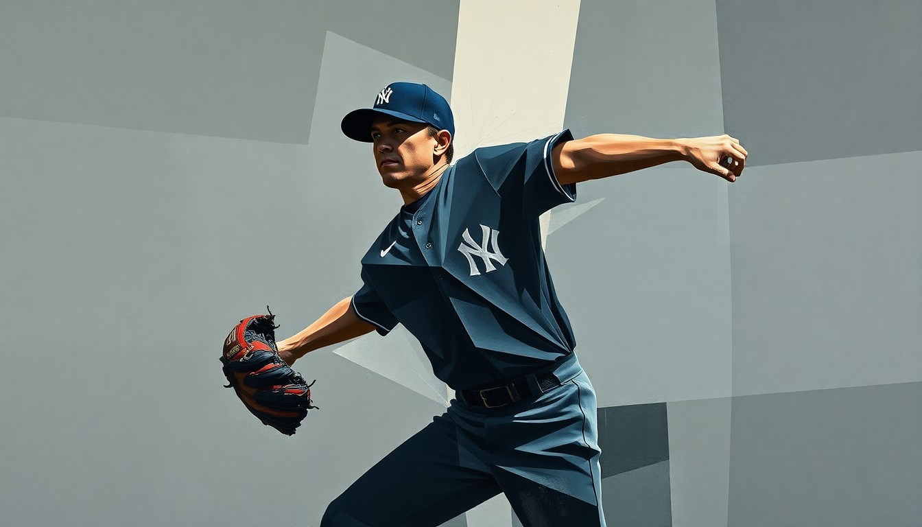 A cubist, geometric painting depicting the fragmented motion of a baseball pitcher, with sharp planes of navy, slate, and charcoal colors overlapping to create a sense of dynamic movement and instability.