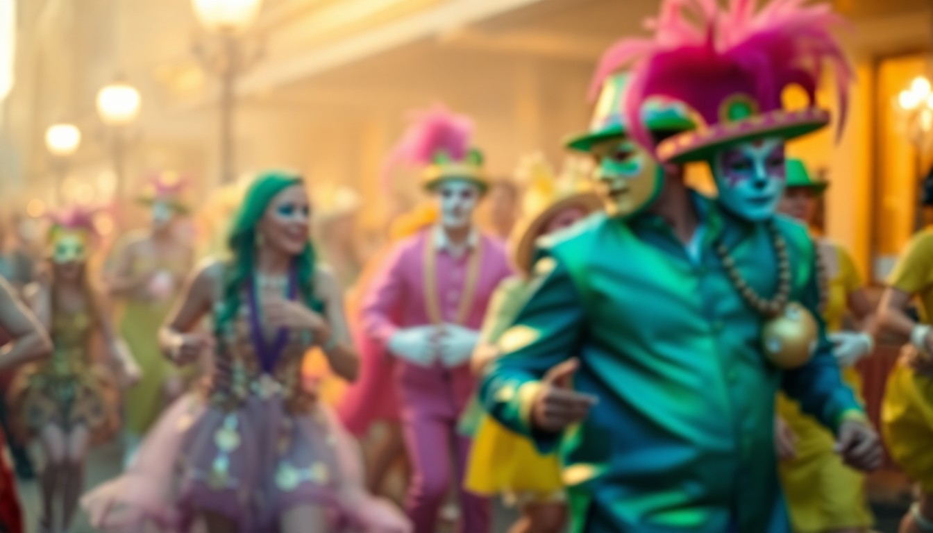 An extremely abstracted, out-of-focus photograph in soft pools of warm color and light, depicting a lively Mardi Gras celebration in Galveston with blurred figures in colorful costumes and masks dancing and parading.