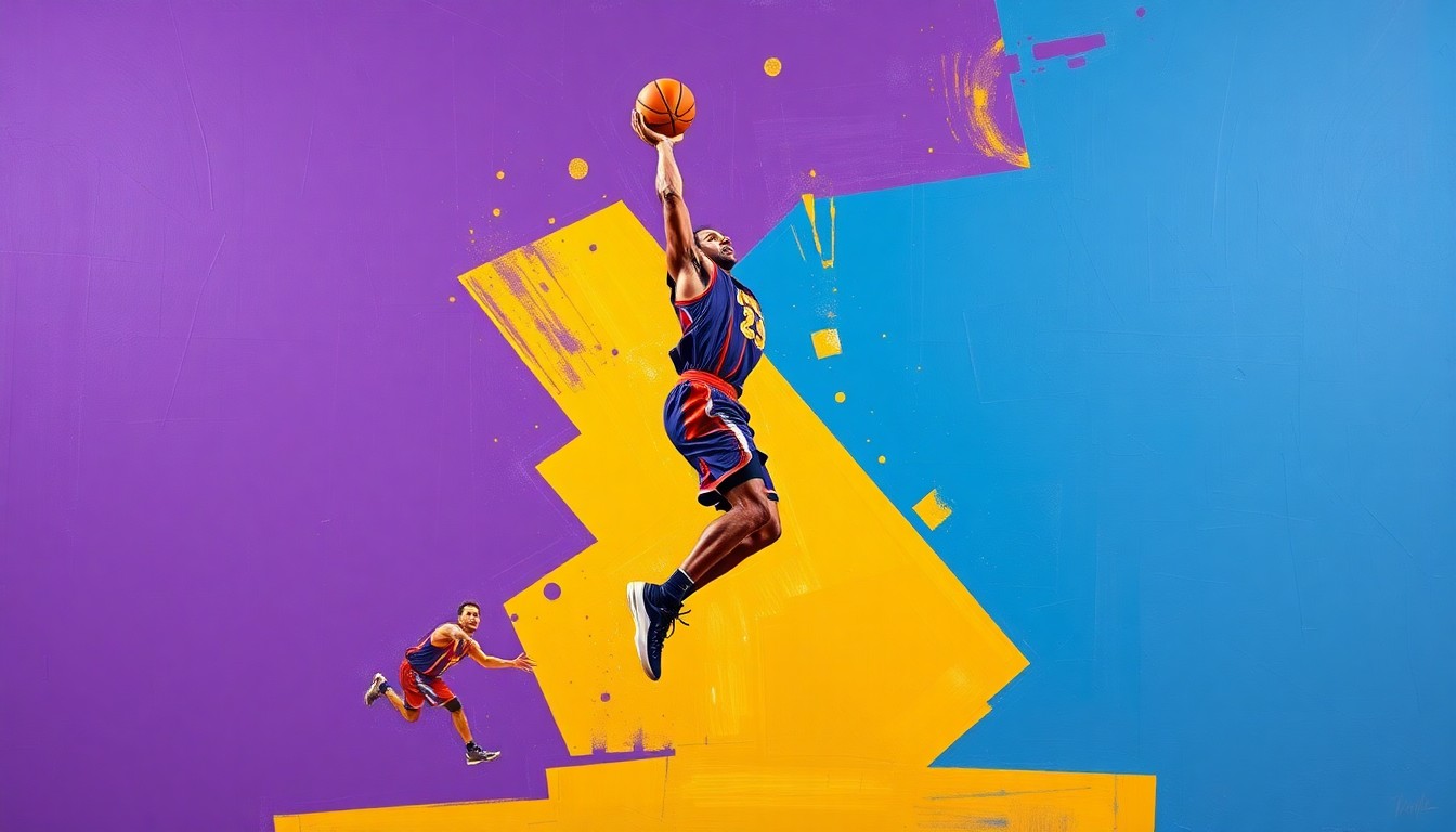 A cubist-style painting featuring sharp, geometric planes of purple, gold, and blue, deconstructing the image of a basketball player in mid-jump shot, conceptually representing the challenges the Lakers face with Luka Doncic's hamstring injury.