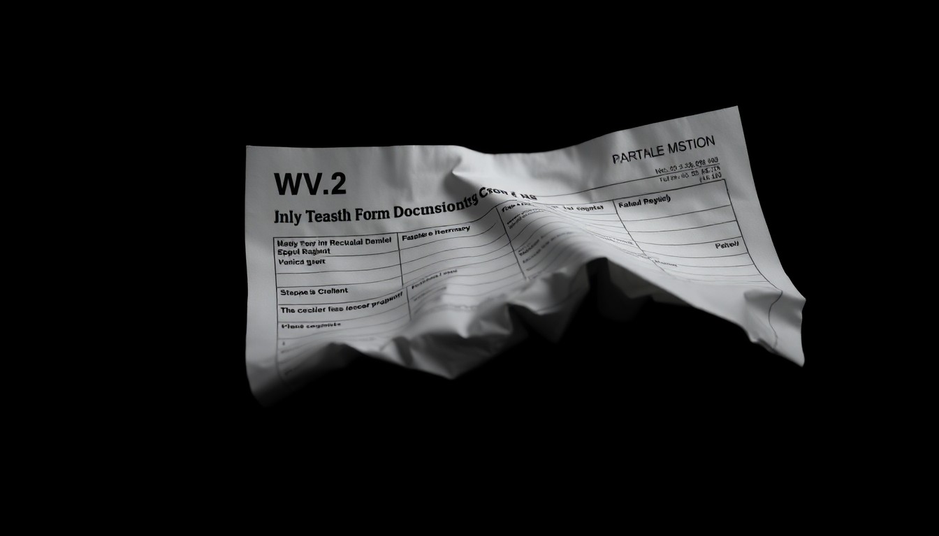 An extreme close-up of a crumpled W-2 form, its edges and creases dramatically lit by a harsh flash against a pitch-black background, conceptually representing the fraudulent tax documents at the center of this investigation.