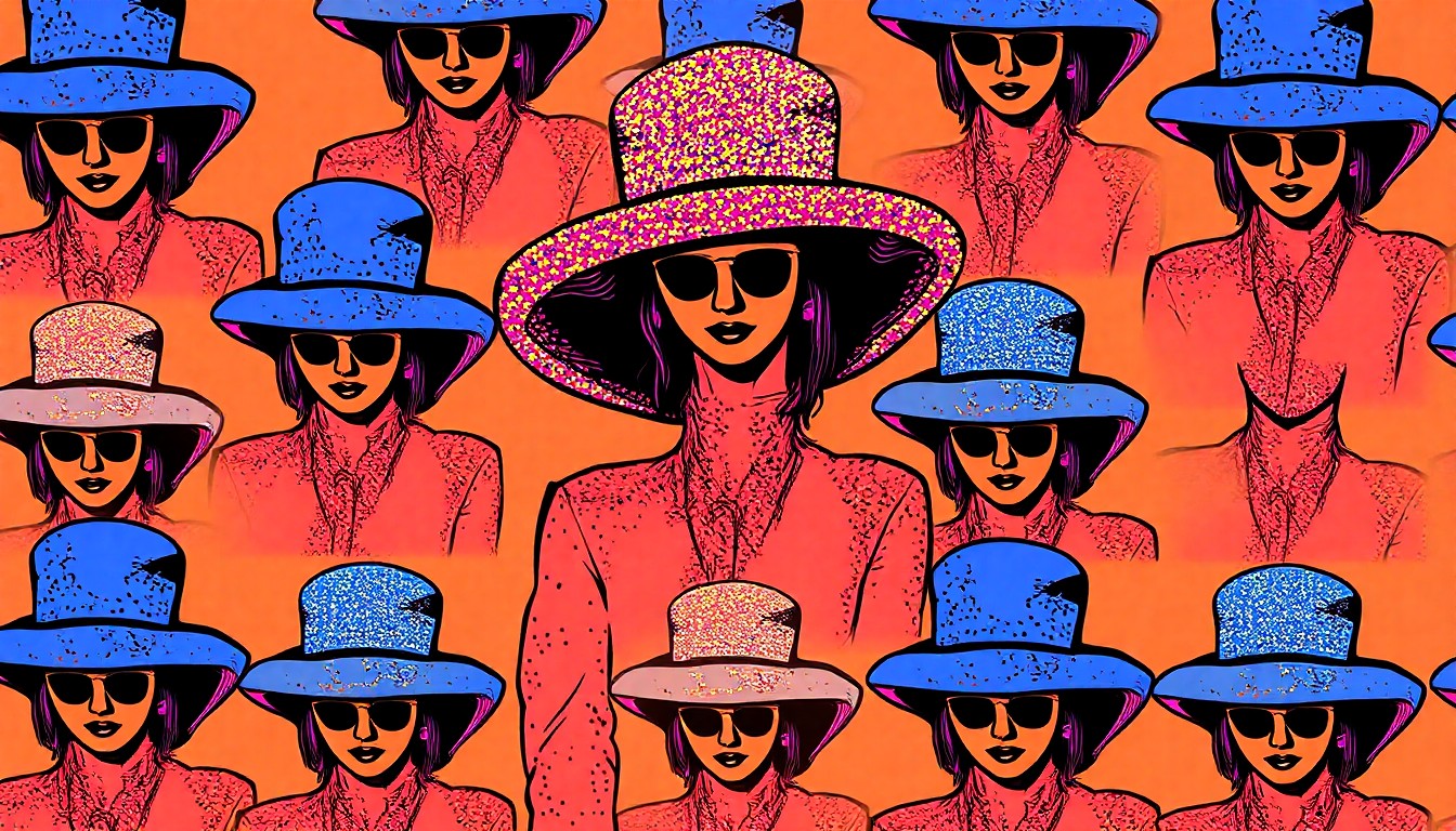 A brightly colored, high-contrast silkscreen print of an oversized, glittering hat in shades of pink, purple, and gold, repeated in a tight grid pattern to capture the bold, playful aesthetic of Annie Reavey's costume design work.