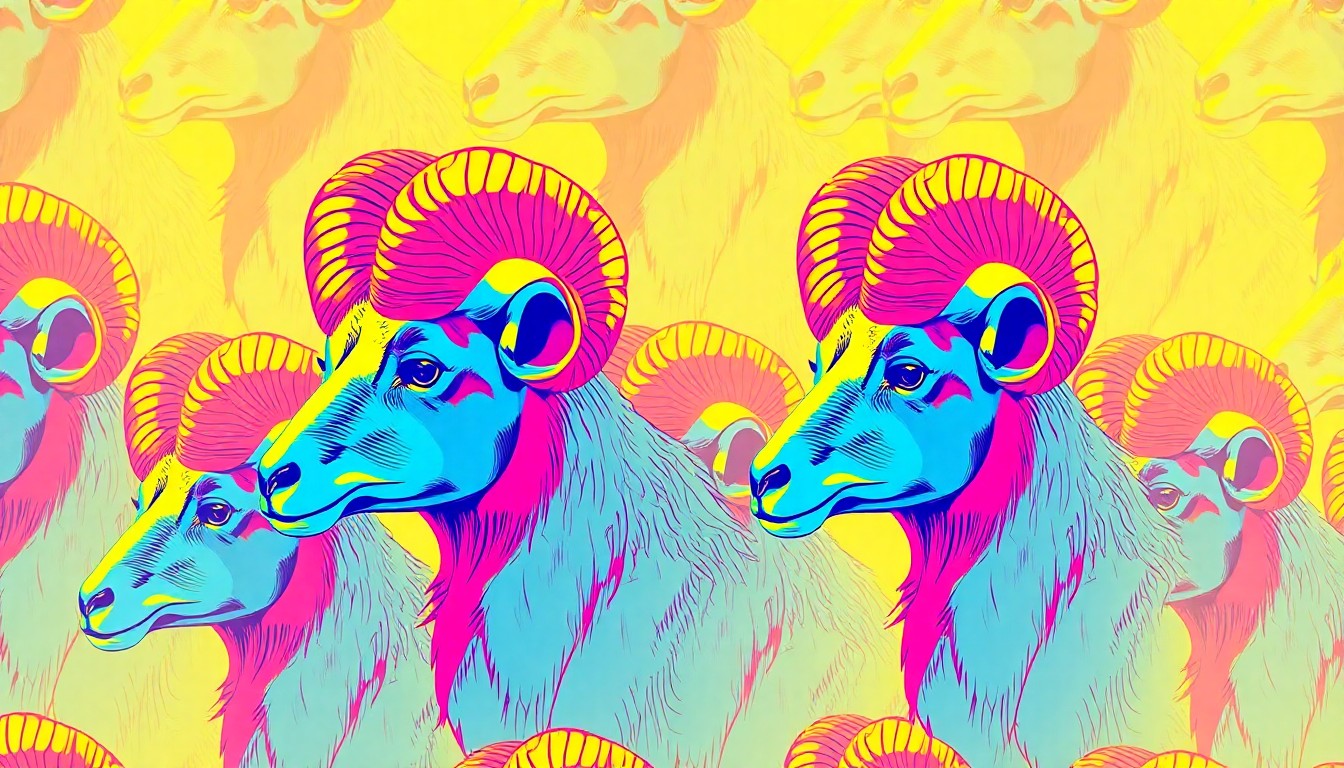 A highly stylized, silkscreen-inspired pop art illustration of a bighorn sheep ram's head in profile, repeated in a tight grid pattern with vibrant neon colors, conceptually representing the territorial nature of these animals and the potential for conflict with human structures.