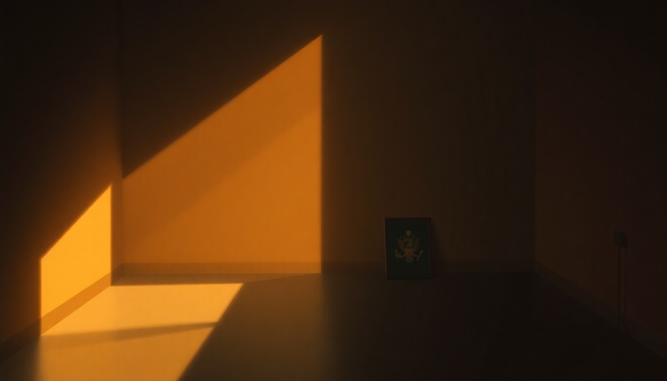 A dimly lit, cinematic painting of an empty university lecture hall, with warm sunlight streaming in through the windows and deep shadows enveloping the room, conveying a sense of melancholy and decay.