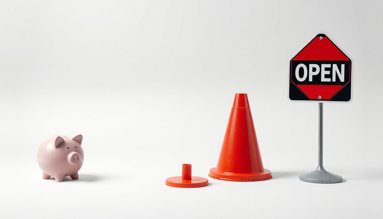 A high-end, photorealistic studio still-life photograph featuring a collection of simple, premium objects arranged elegantly on a clean, monochromatic background. The objects, such as a cracked piggy bank, a bent traffic cone, and a partially obscured 'Open' sign, symbolize the challenges faced by small businesses during construction projects.