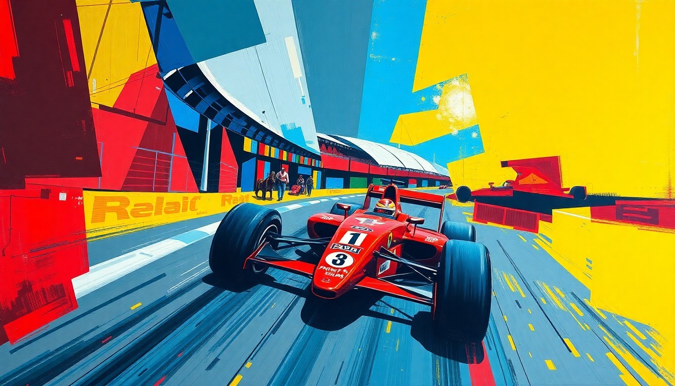 A cubist, geometric painting depicting a Formula 2 race scene, with sharp planes of color and overlapping perspectives capturing the dynamic energy of the sport.