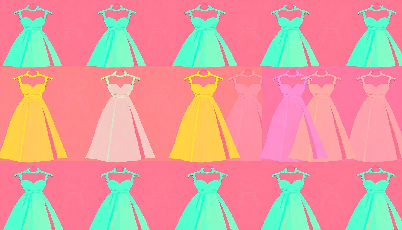 A vibrant, high-contrast silkscreen print of a single, iconic wedding dress repeated in a tight grid pattern, utilizing flat, neon color palettes and heavy black outlines to transform an everyday wedding item into modern pop art.