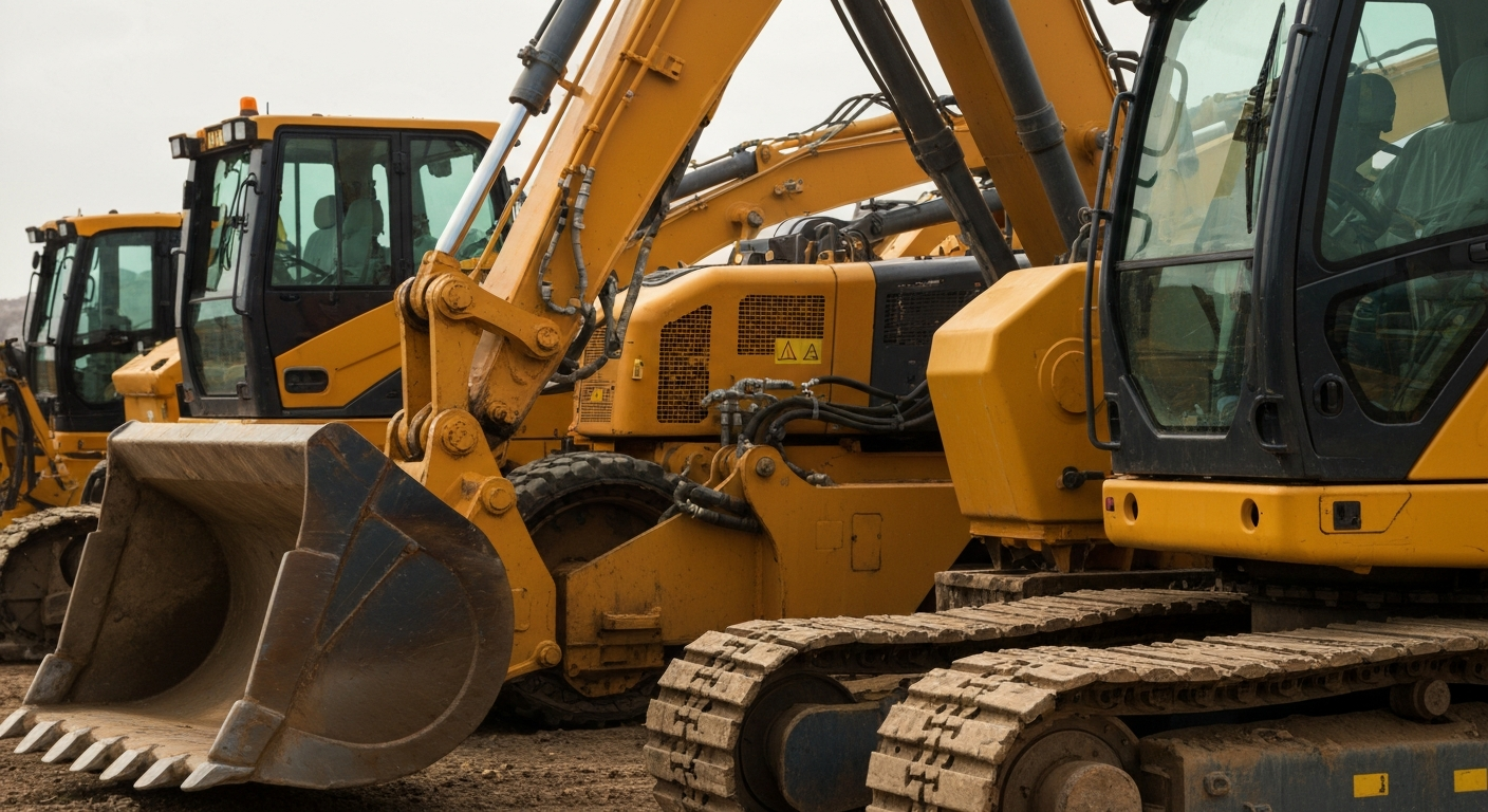 An extreme close-up of large, metallic construction equipment and machinery, conveying the industrial scale and physical nature of the homebuilding business.
