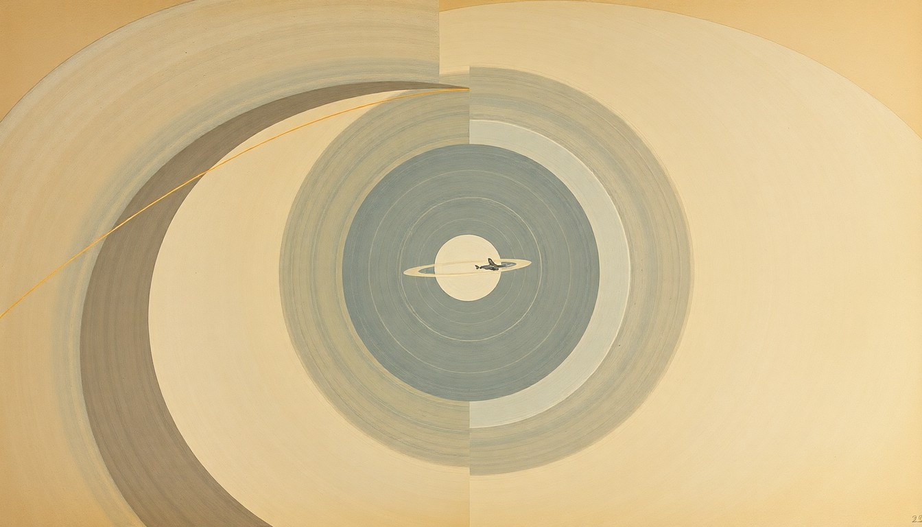 An abstract painting in soft earth tones, featuring sweeping geometric arcs, concentric circles, and precise astronomical spirals, representing the Artemis II spacecraft's journey around the moon.