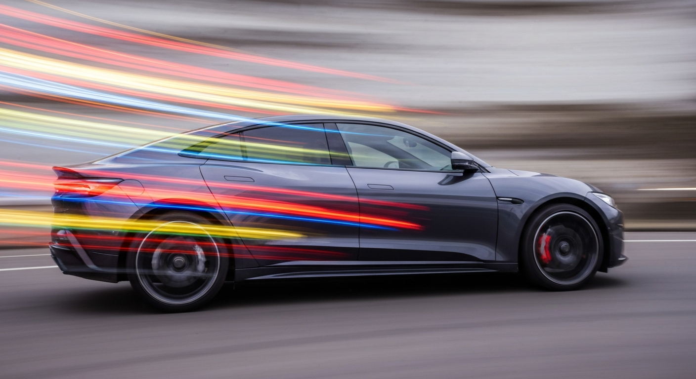 Heavily blurred, abstract streaks of bright colors representing the motion and speed of a modern electric vehicle, conveying the technological advancements and engineering prowess of the automotive industry.