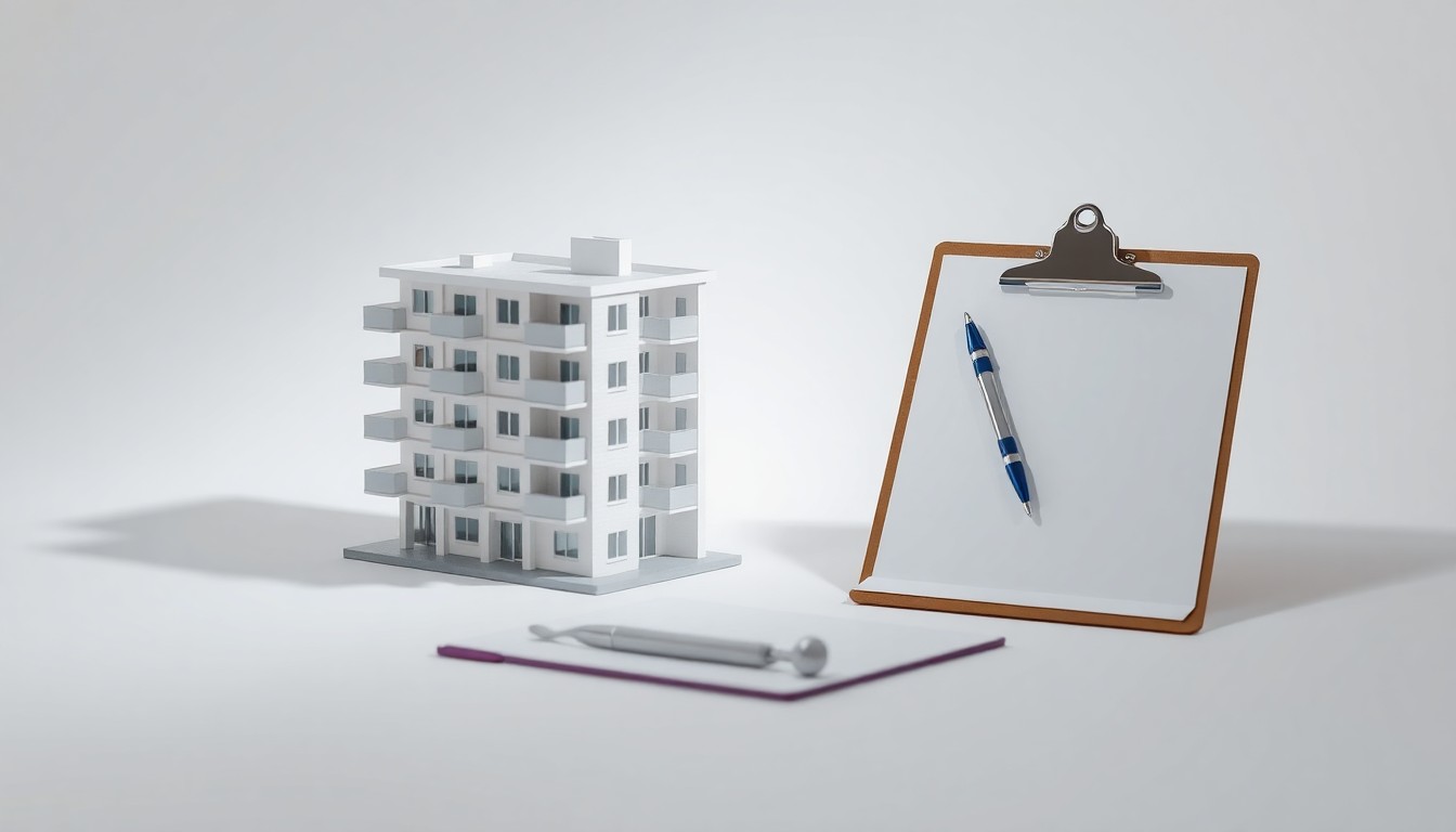 A photorealistic studio still-life featuring a polished, geometric model of an apartment building, a dental tool, and a healthcare clipboard arranged elegantly on a clean, white background, symbolizing the county's focus on affordable housing, community health, and infrastructure.