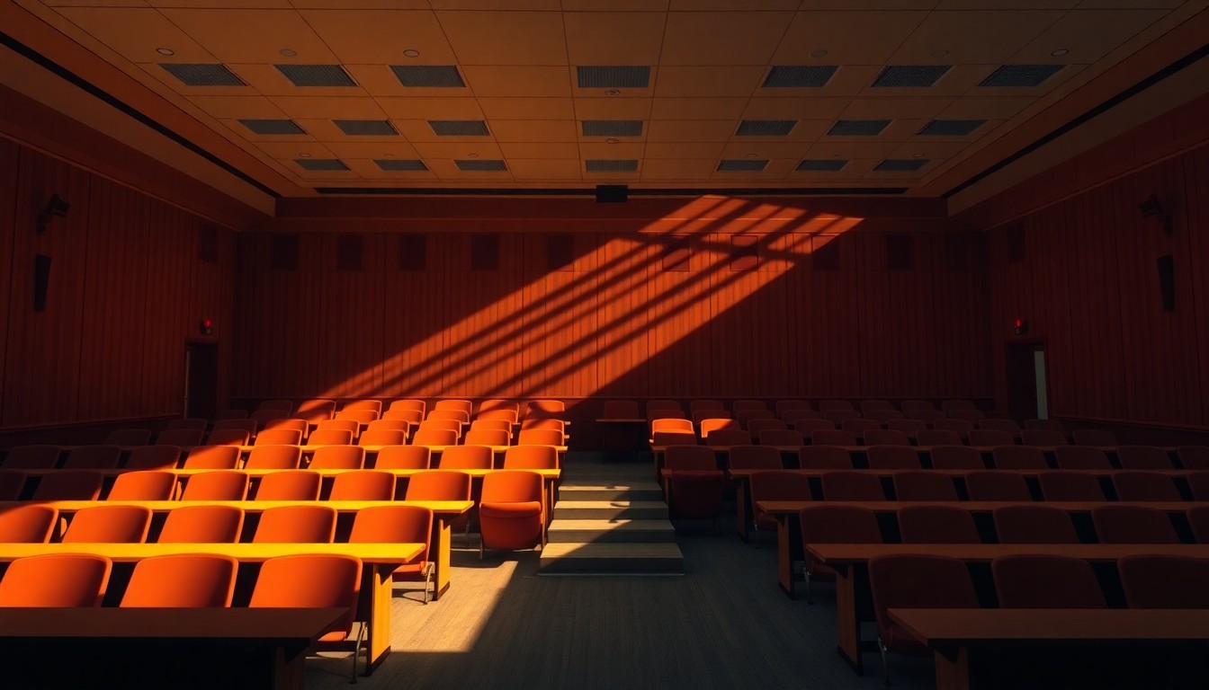 A dimly lit, empty lecture hall with rows of wooden desks and chairs, the space filled with warm, golden light streaming through tall windows, creating deep shadows and a sense of solitude, conceptually representing the thoughtful nature of Justice Sotomayor's visit.