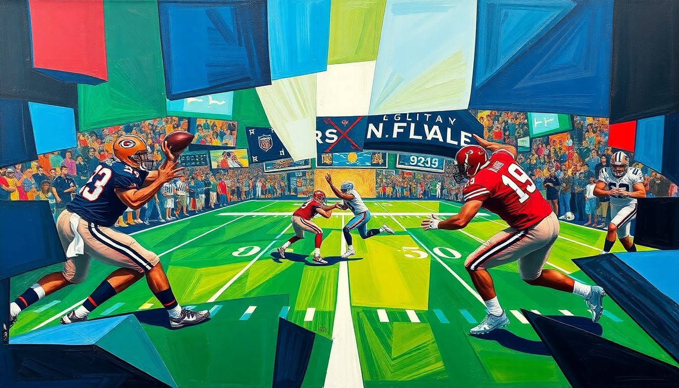 A fractured, geometric painting in bold colors depicting the overlapping movements and perspectives of a football game or quarterback competition, conveying the complex dynamics of the Vikings' quarterback situation.