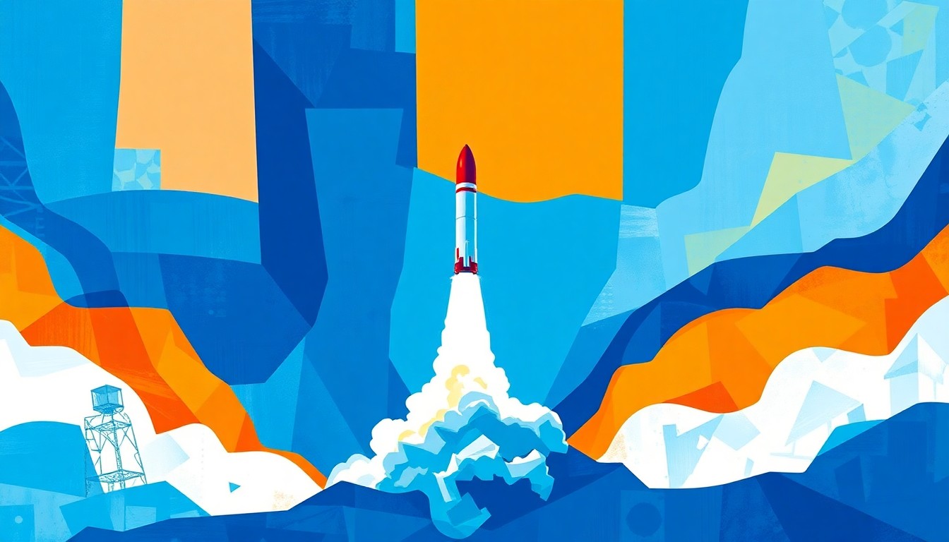 A dynamic, fractured painting of a rocket launch in bright blue, orange, and white, conveying the rapid growth of Texas' space industry as a major political issue.
