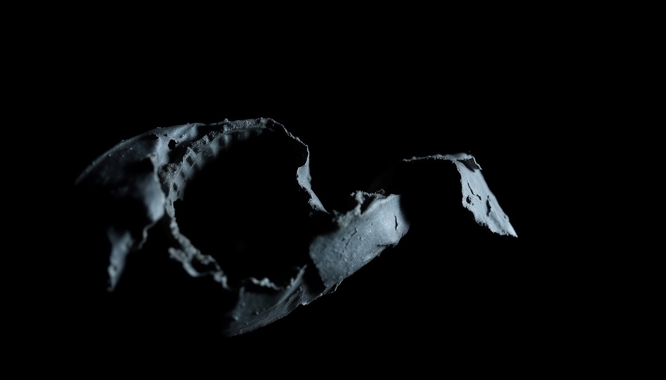 An extreme close-up of a twisted, crumpled metal fragment from a tractor-trailer, dramatically lit by a harsh camera flash against a pitch-black background, conceptually representing the tragedy and investigation surrounding a deadly migrant smuggling incident.