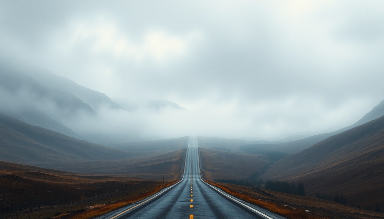 A sweeping landscape painting in muted tones of grey, blue, and green, depicting a long, winding highway cutting through a desolate, fog-shrouded countryside. The road disappears into the distance, dwarfed by the overwhelming scale of the natural environment.
