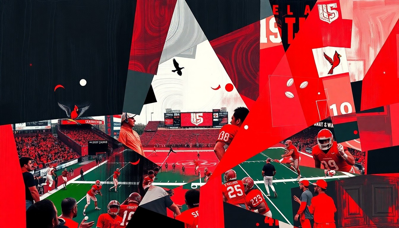 A fragmented, geometric painting in bold red, black, and white hues, capturing the dynamic energy and tactical complexity of a football game.
