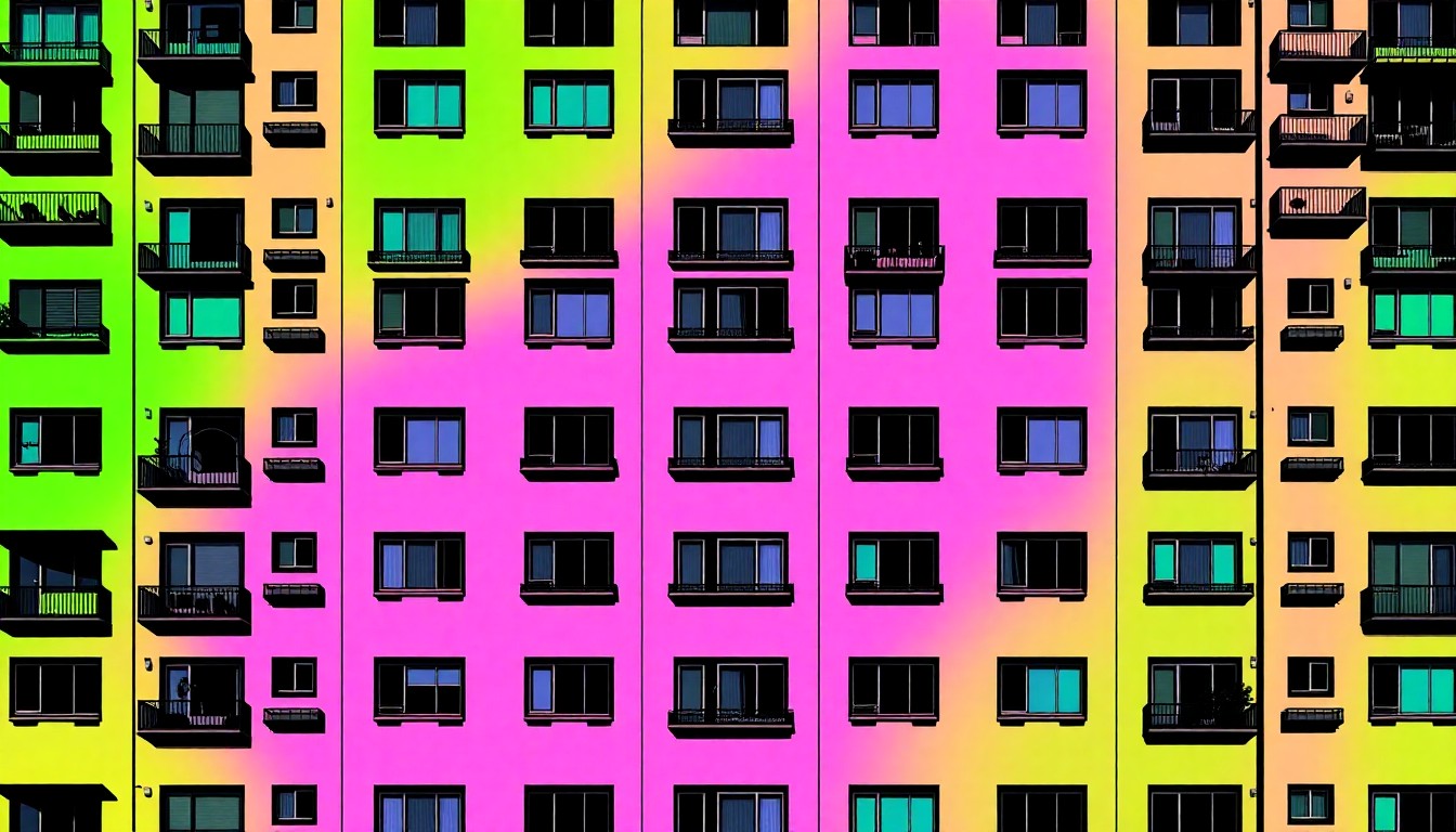 A highly stylized, silkscreen-inspired illustration featuring a repeating grid of a modern apartment building facade in bright, neon-like colors, conceptually representing the new housing development in Omaha.