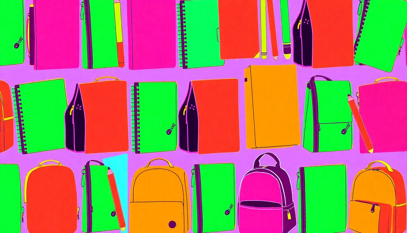 A brightly colored, high-contrast silkscreen print of a single, iconic school supply item repeated in a tight grid pattern, conceptually representing the changing education landscape in Nebraska.