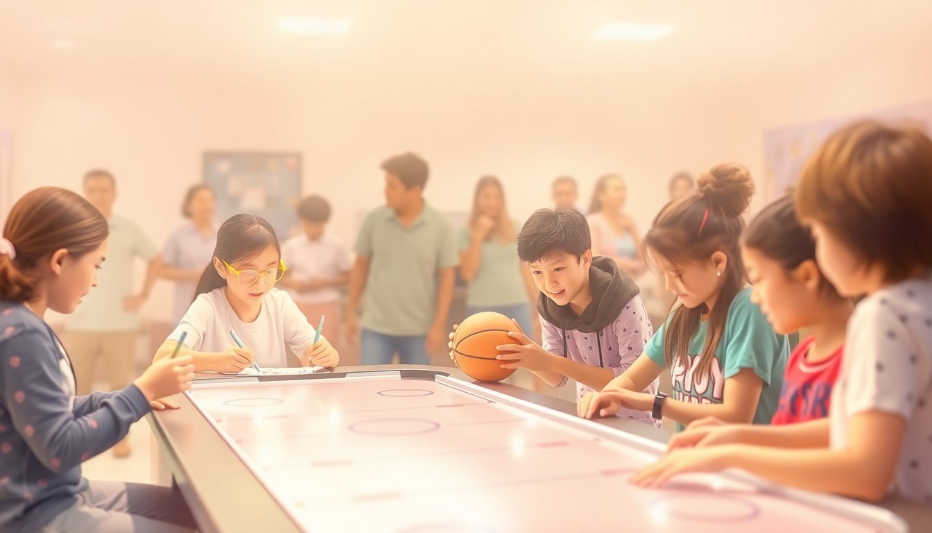 A soft, out-of-focus photograph in warm, pastel tones depicting a group of people, possibly hospital patients and visitors, engaged in playful activities, capturing the uplifting and celebratory mood of the Azalea Festival visit.