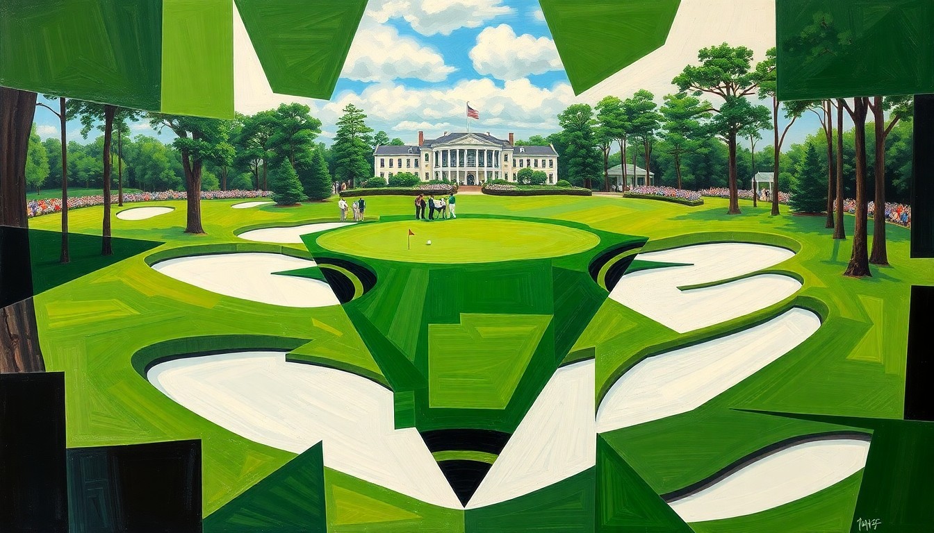 A cubist, geometric painting depicting the final moments of the 1986 Masters tournament, with overlapping planes of green fairways, white bunkers, and the iconic Augusta National clubhouse in the background, capturing the energy and drama of Nicklaus' iconic victory.