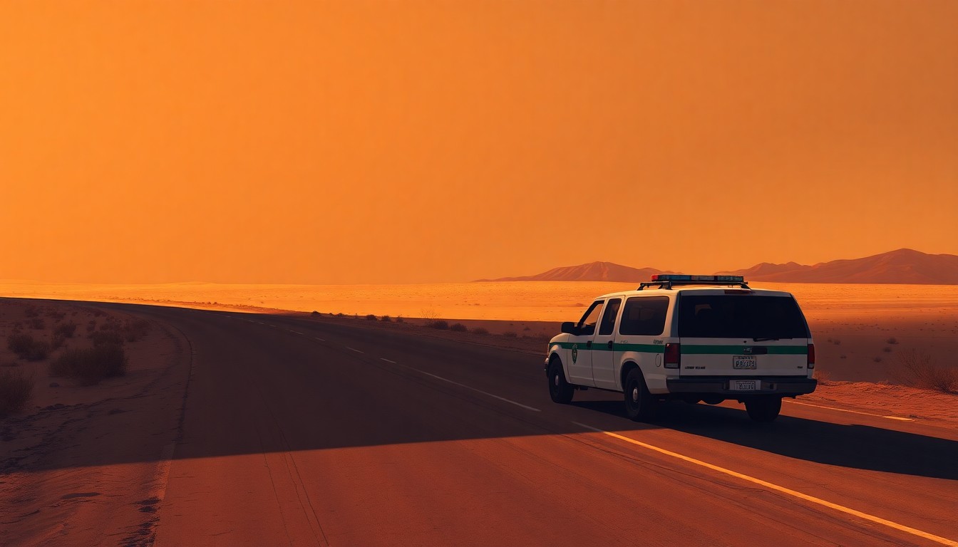 A serene, cinematic painting of a lone border patrol vehicle parked on a desert road, bathed in warm, golden light and deep shadows, conceptually representing the Border Report team's coverage of the U.S.-Mexico border region.