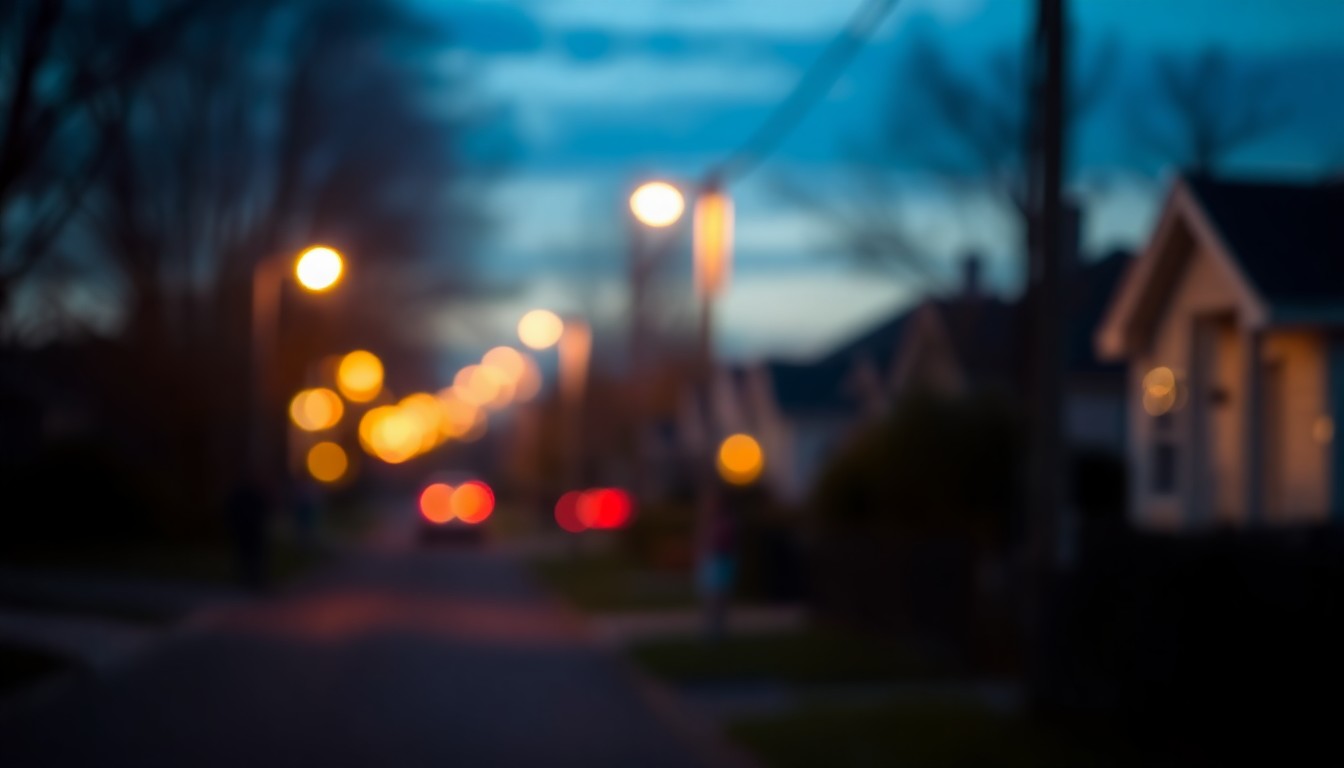 An extremely abstracted, out-of-focus photograph of a residential street at dusk, with blurred streetlights and houses in the background and a warm, hazy glow of bokeh light in the foreground, creating an atmospheric and dreamlike quality that conceptually represents the disruption to daily life caused by coyote activity in urban areas.