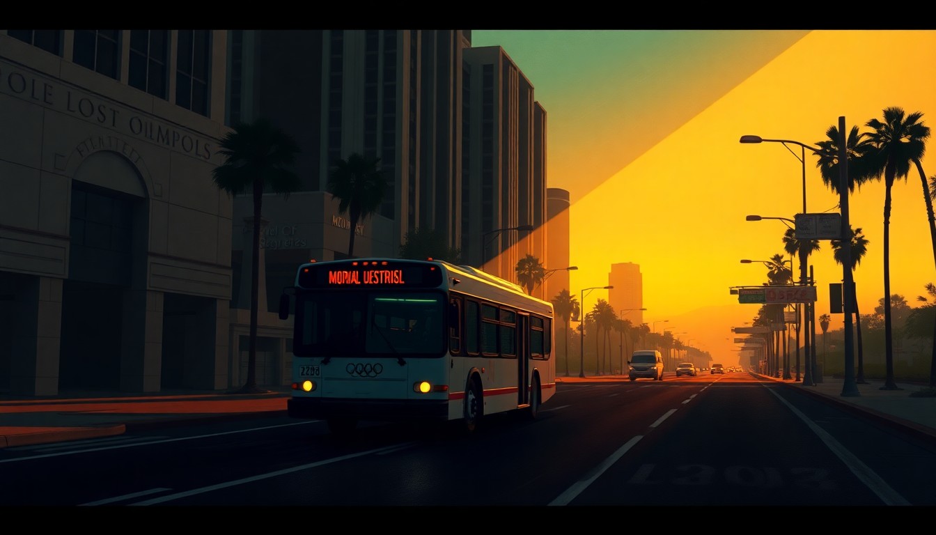 A serene, cinematic painting of an empty city street at dusk, with a lone municipal vehicle bathed in warm, golden light and deep shadows, conveying a sense of financial uncertainty and civic responsibility surrounding the upcoming Olympic Games.