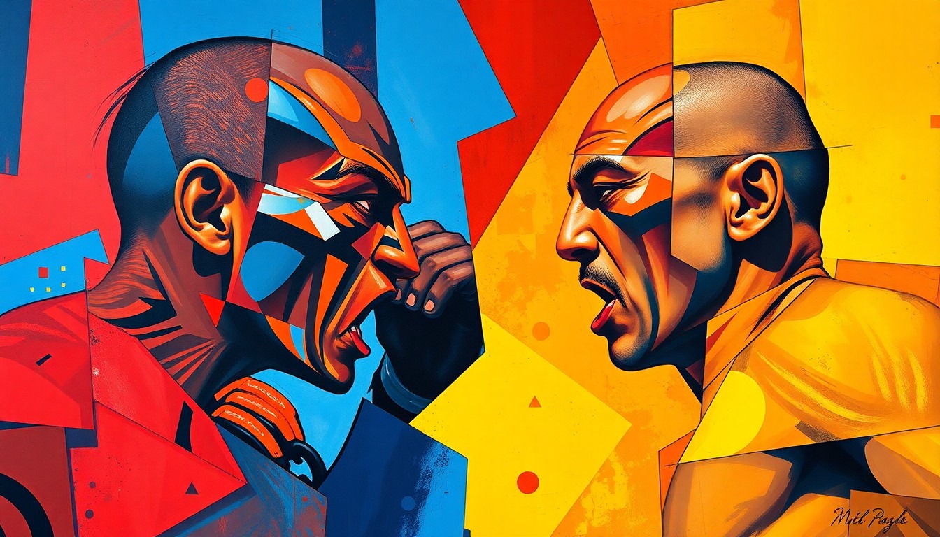 A cubist, geometric painting depicting the dynamic movements and intense action of a mixed martial arts fight, with sharp planes of color and abstracted figures representing the two fighters.