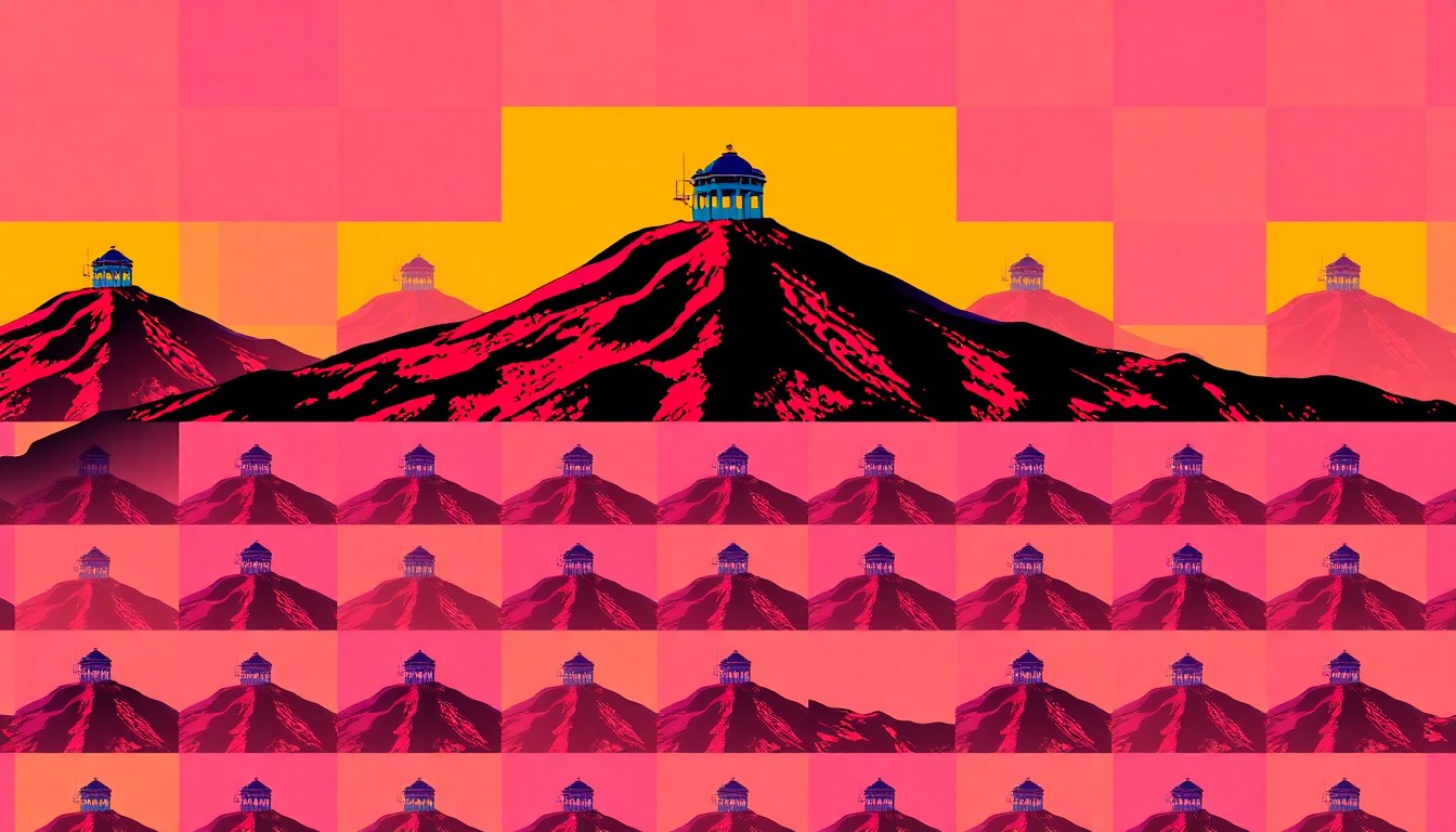 A brightly colored, high-contrast silkscreen print of the summit tower of Mount Diablo, repeated in a tight grid pattern, capturing the landmark's enduring significance in a modern, abstract style.