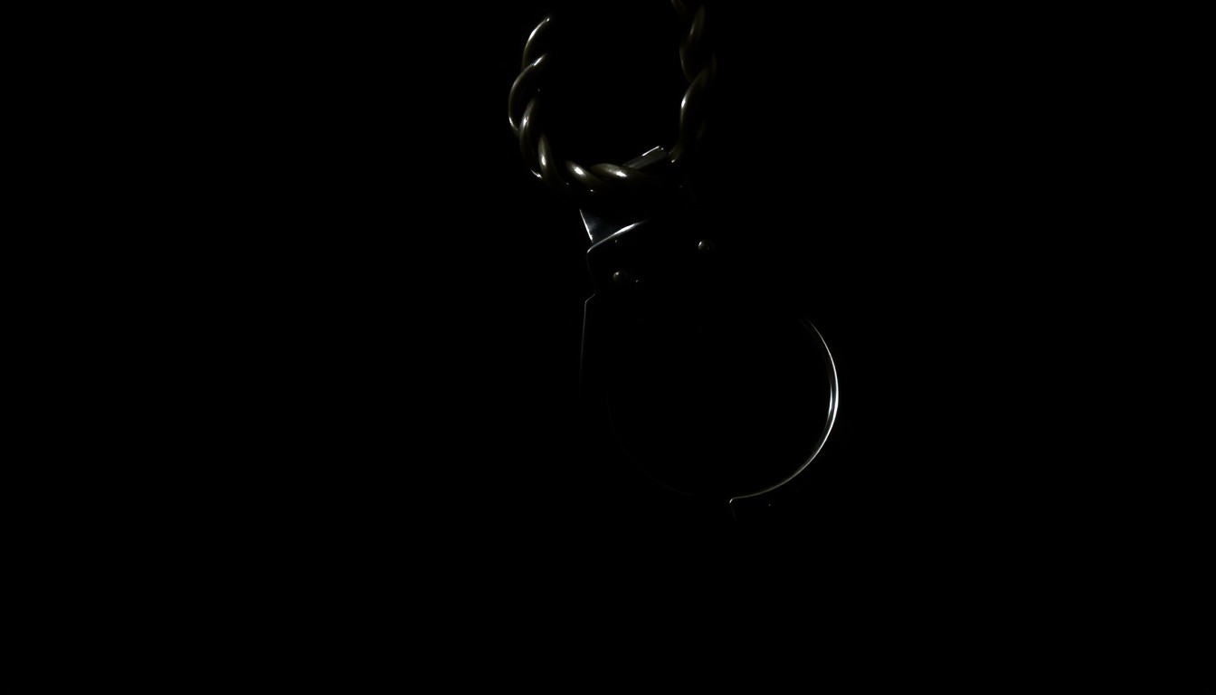 An extreme close-up of a pair of metal handcuffs against a stark black background, conveying the serious and investigative nature of a crime-related story without depicting any actual violence or victims.