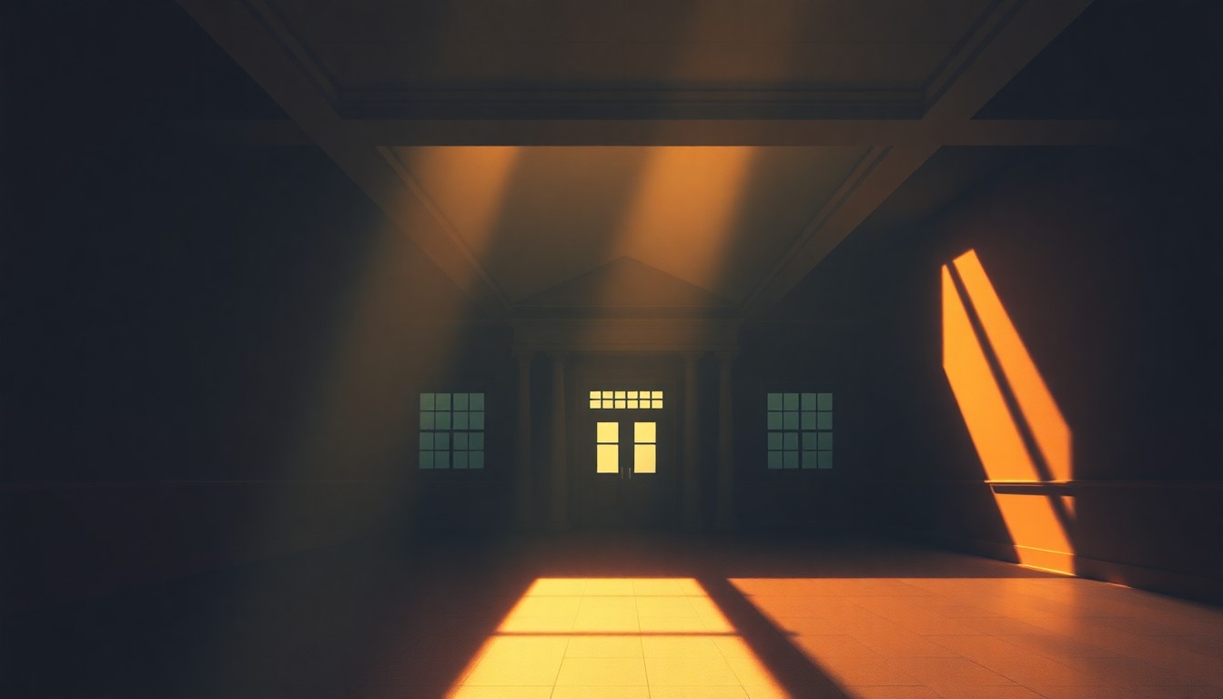 A dimly lit, cinematic painting of an empty government office or administrative building, with warm sunlight streaming through the windows and deep shadows across the walls and furniture, conveying a sense of solemnity and contemplation around the political decision.
