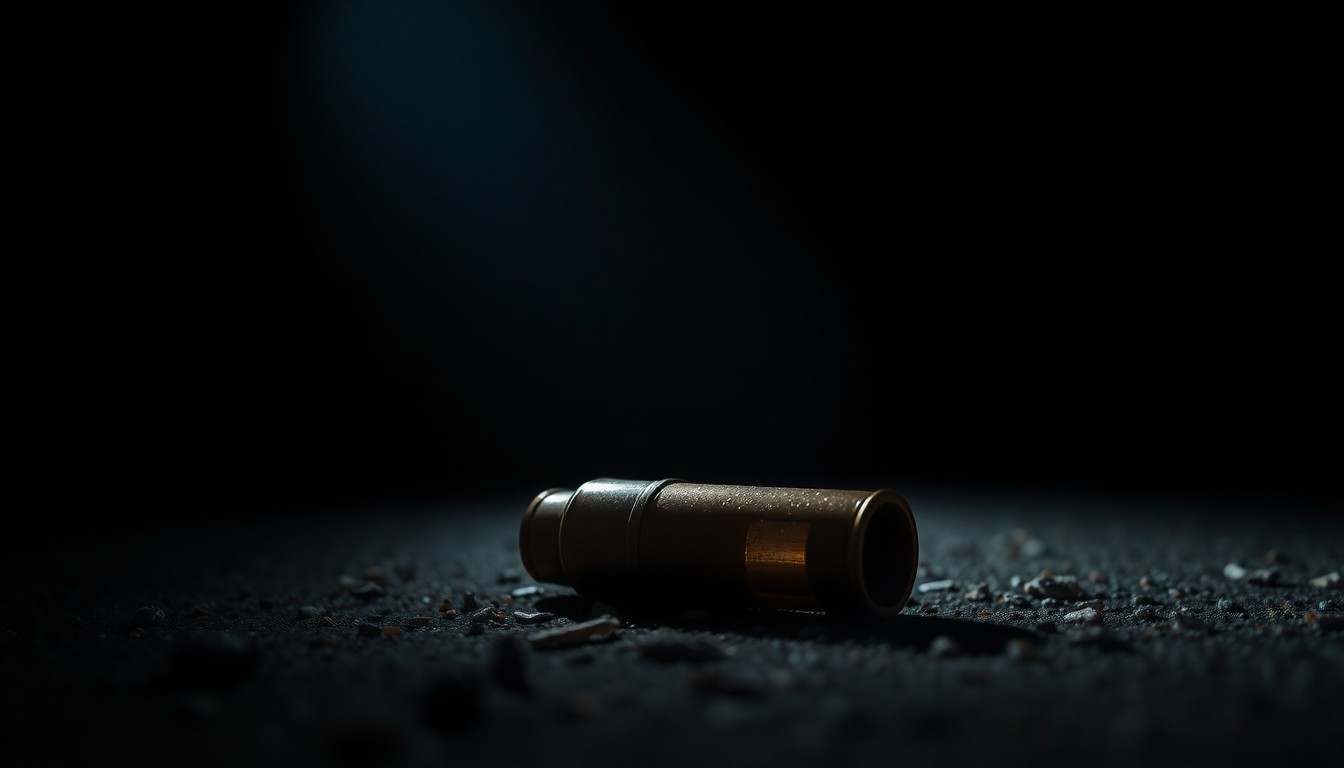 An extreme close-up photograph of a spent shell casing on the ground, lit by a harsh, direct camera flash against a pitch-black background, conveying a stark, gritty, investigative mood without words.