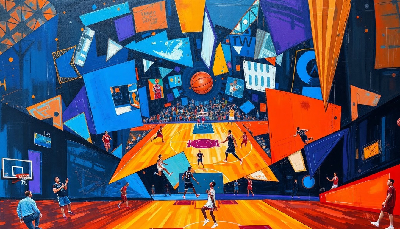A cubist, geometric painting depicting a basketball game or match, with overlapping planes of color and shape representing the dynamic action on the court.