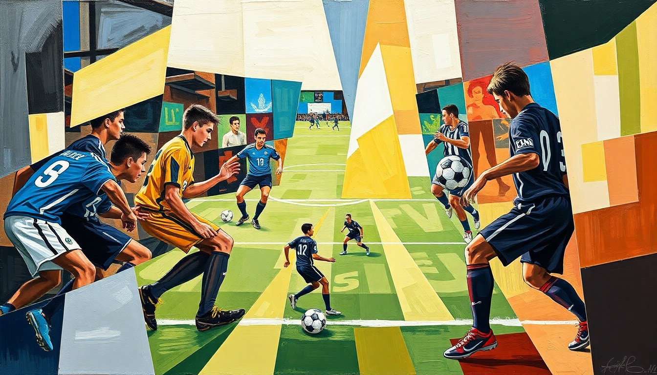 A fractured, geometric painting depicting the final moments of the boys soccer state championship match, with overlapping planes and shapes representing the players' movements and the drama of the close contest.