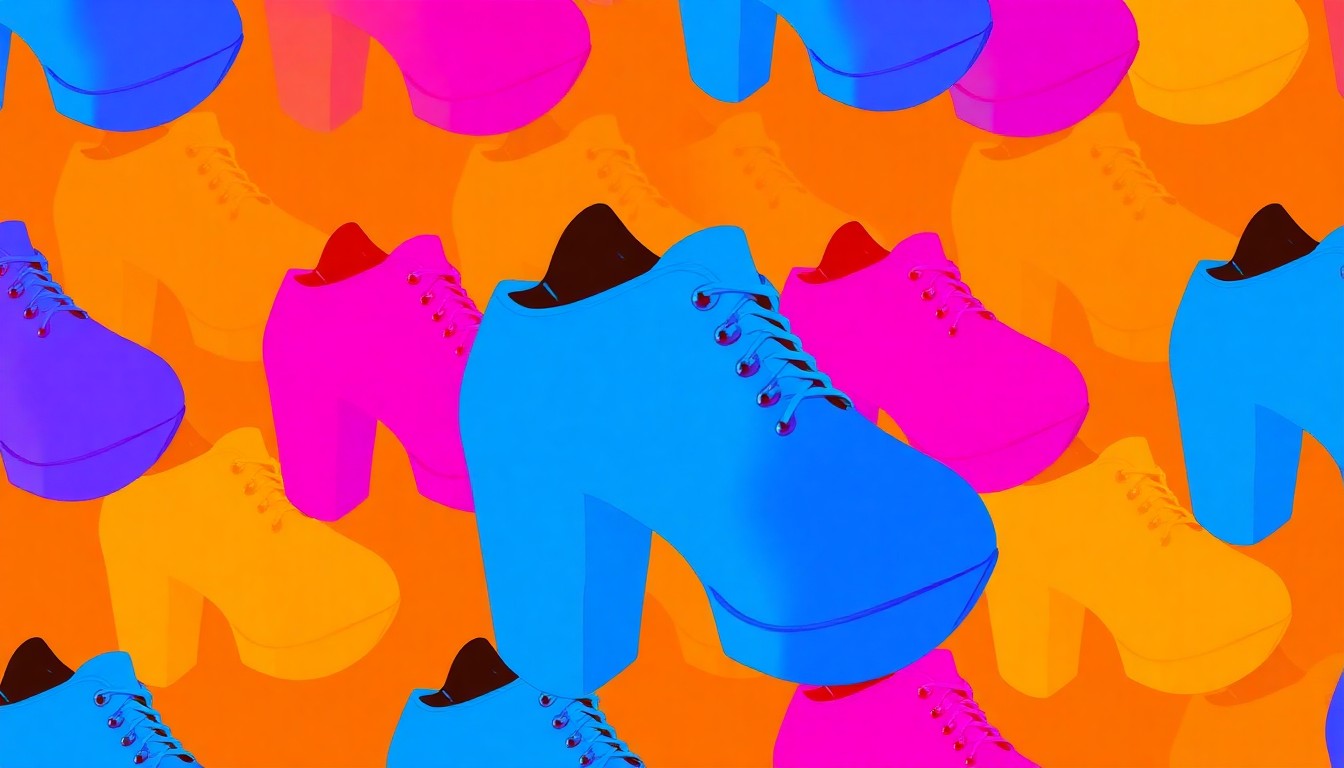 A brightly colored, high-contrast silkscreen print of a single, iconic dance shoe repeated in a tight grid pattern, capturing the energy and community of the Eden Prairie Schools dance programs.