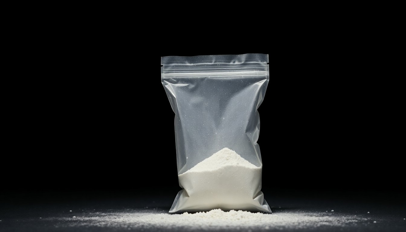 An extreme close-up of a small plastic bag containing white powder, captured in harsh, dramatic lighting that creates a stark, gritty, investigative aesthetic without any text or visual distractions.